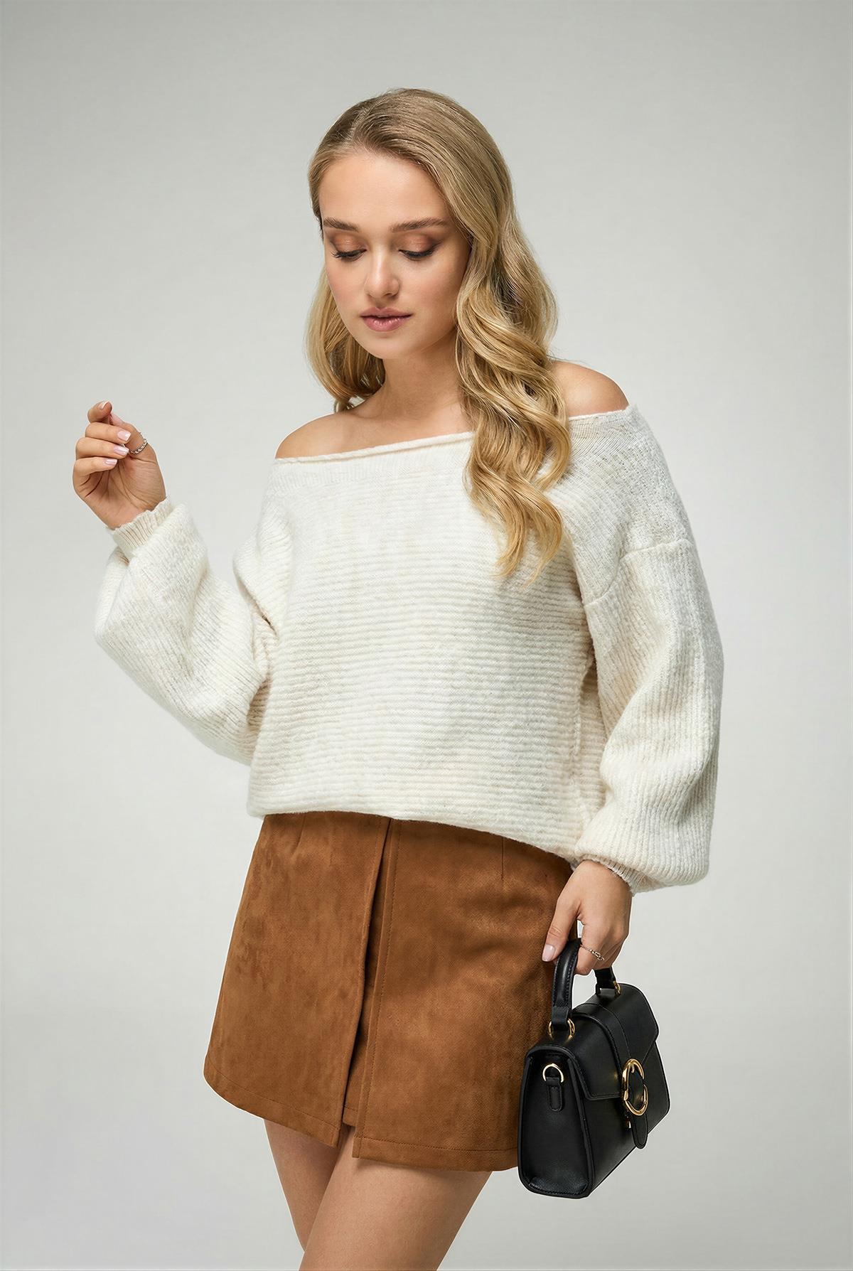 Kadın Açık Omuzlu Yün Karışımlı Oversize Kazak Ekru