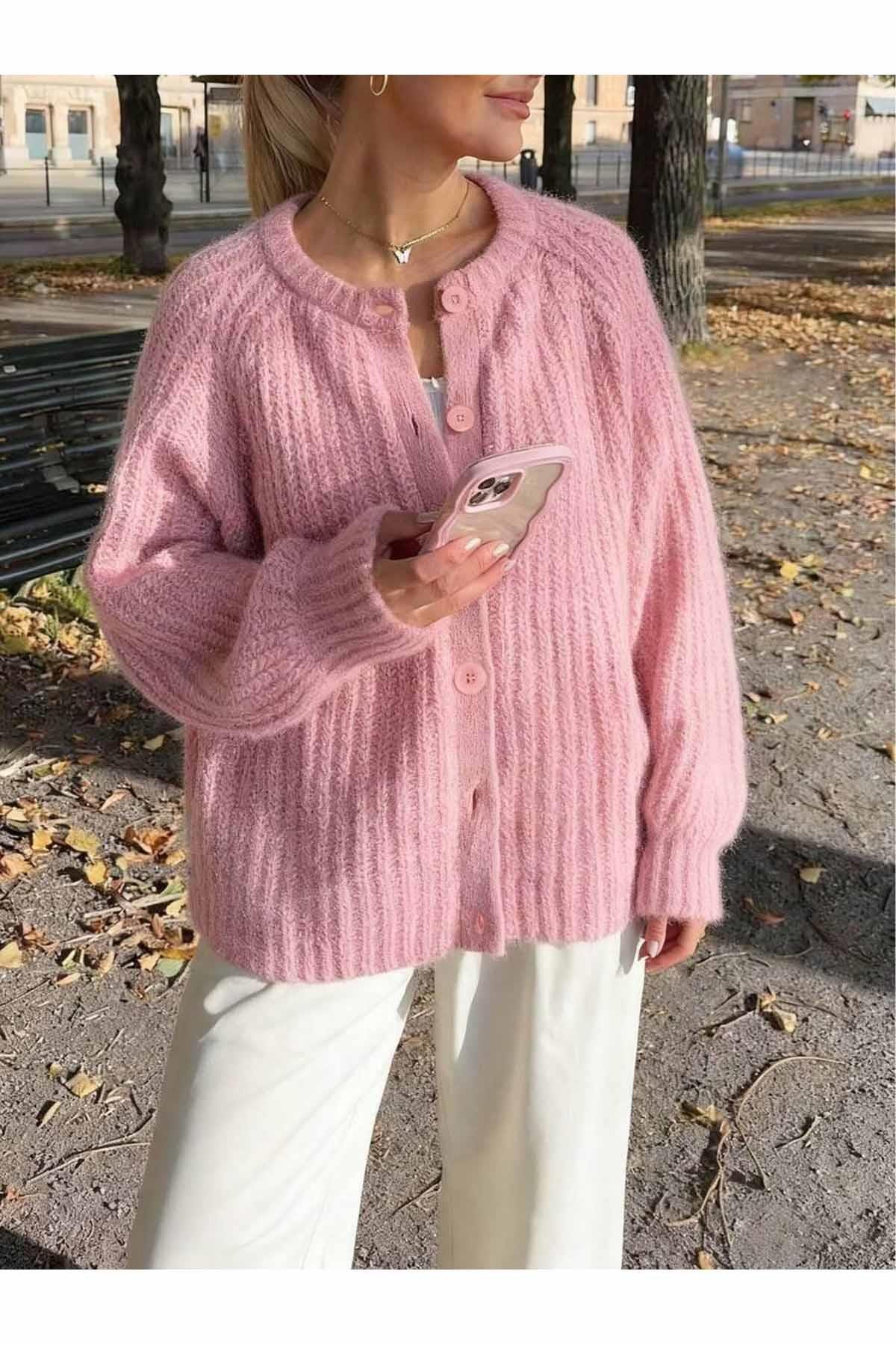 Kadın Yün Karışımlı Düğmeli Triko Hırka Pembe