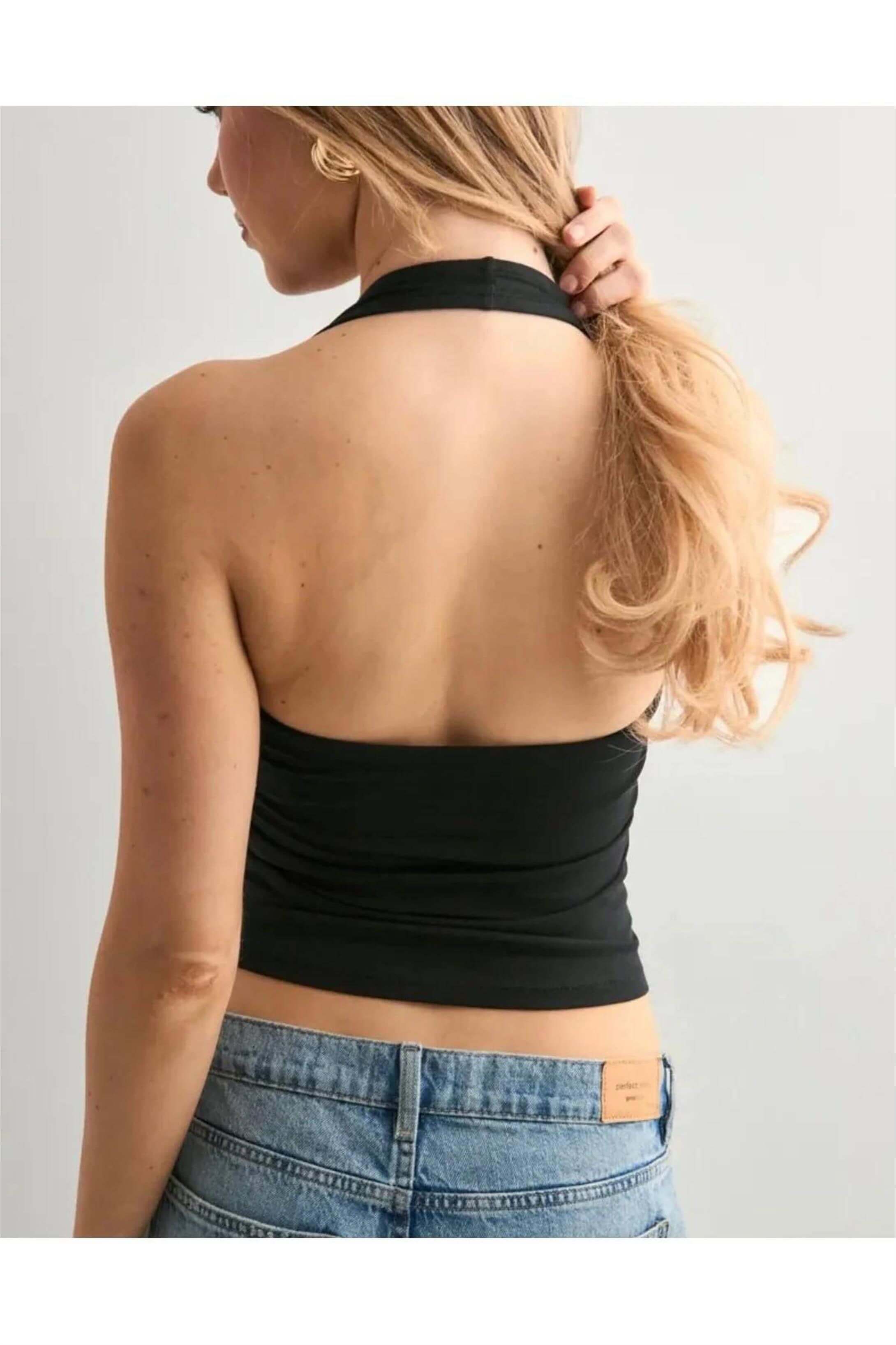 Kadın Halter Yaka Crop Top Body Siyah