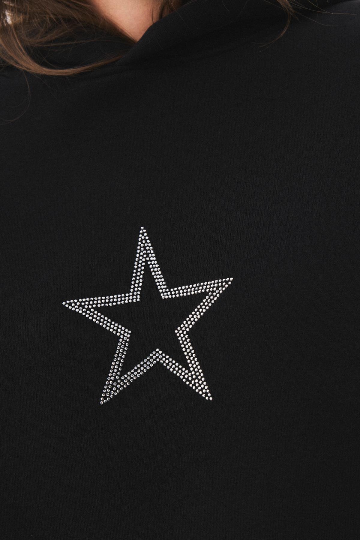 Unisex Star Stroke Taş Baskılı Sweatshirt Siyah
