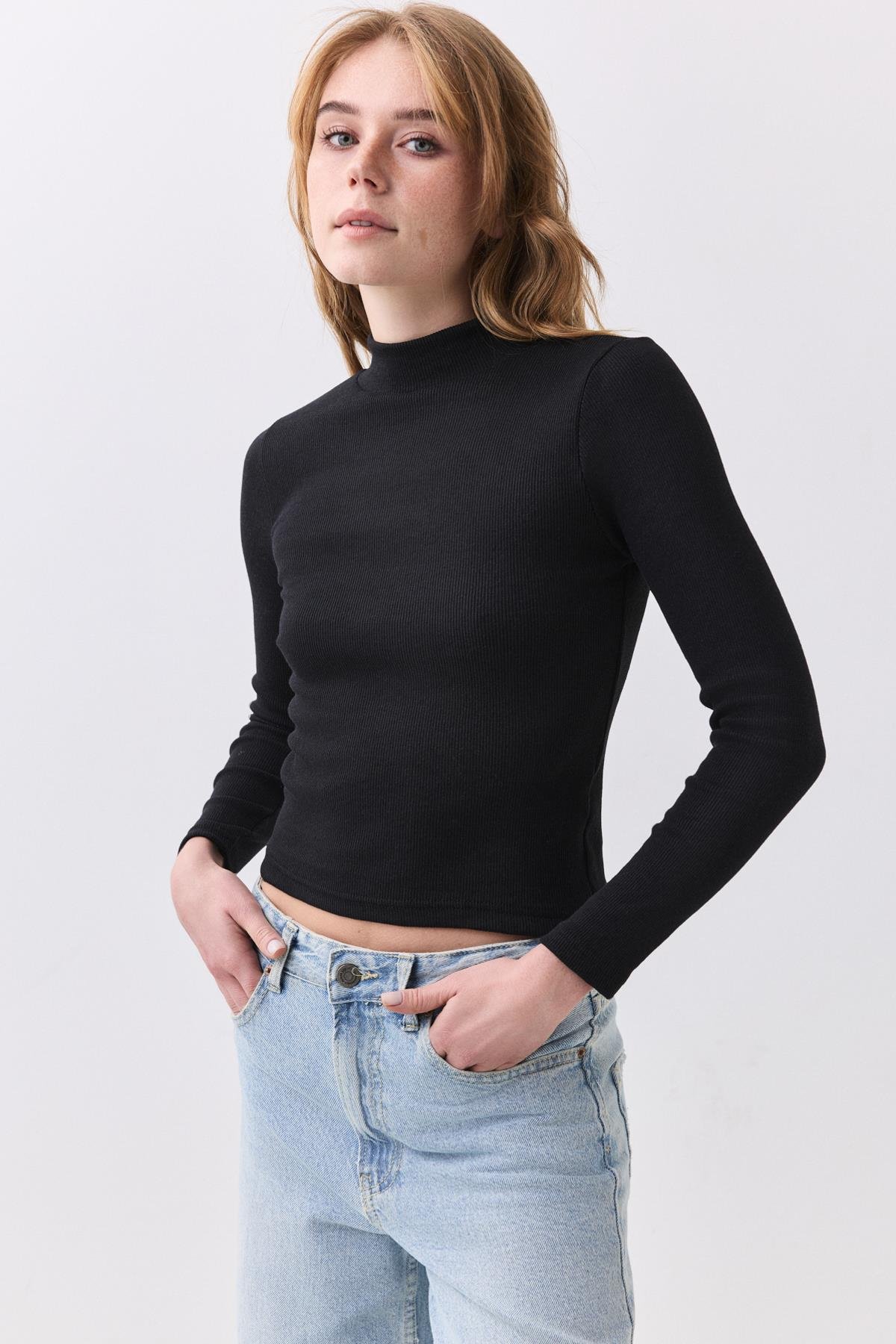 Kadın Balıkçı Yaka Uzun Kollu Bluz Siyah 9021