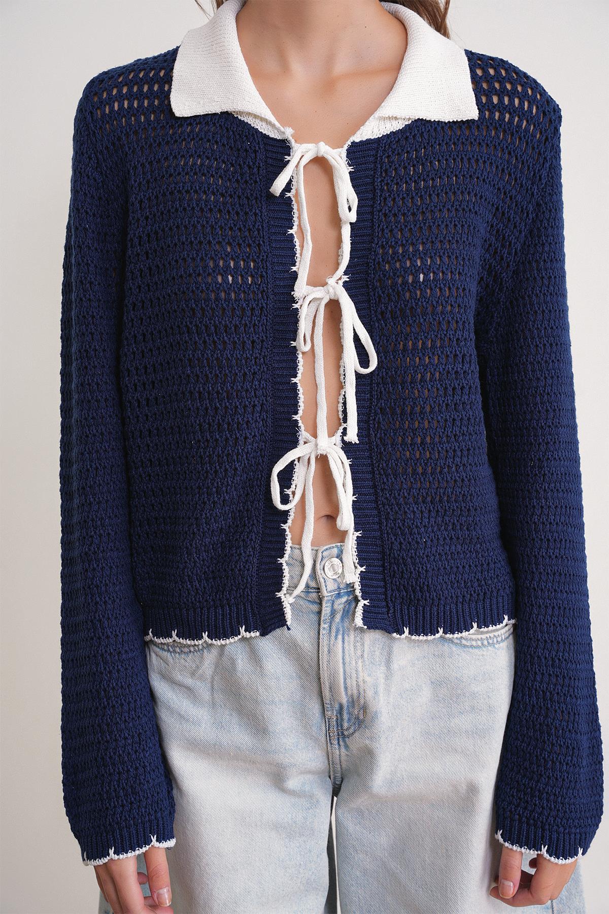 Kadın Ajurlu Bağlamalı Triko Hırka Lacivert 6945