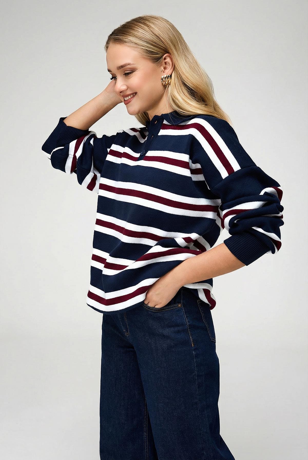 Kadın Çizgili Düğmeli Polo Yaka Triko Kazak Lacivert