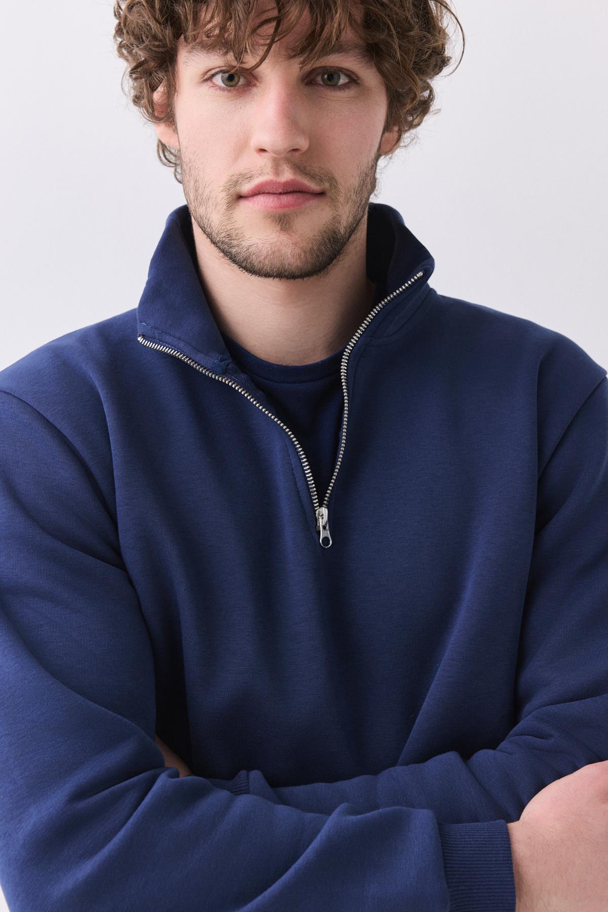Erkek Relaxed Fit Yarım Fermuarlı Dik Yaka Sweatshirt İndigo 2052