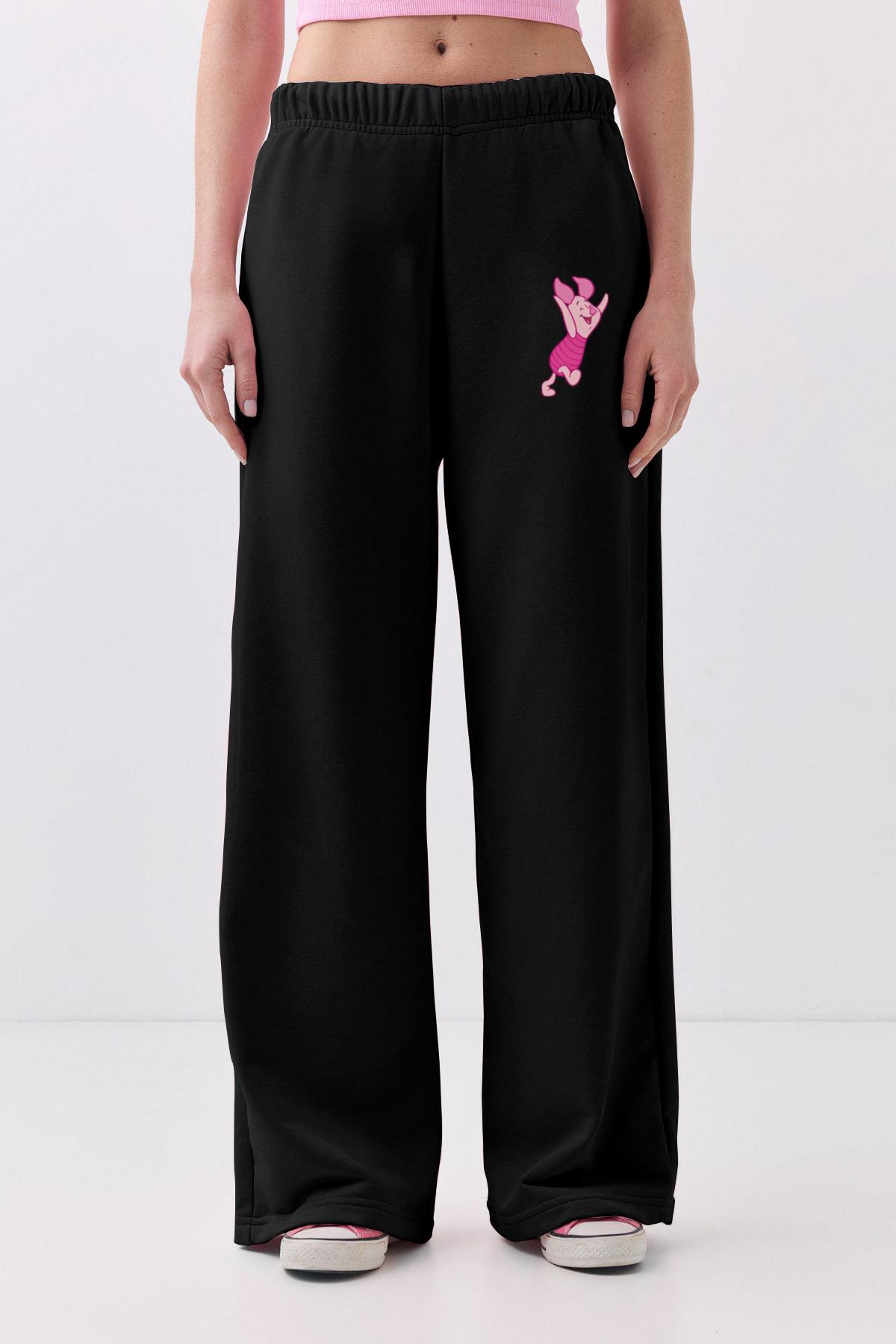 Kadın Piglet Bol Paça Eşofman Altı Siyah 