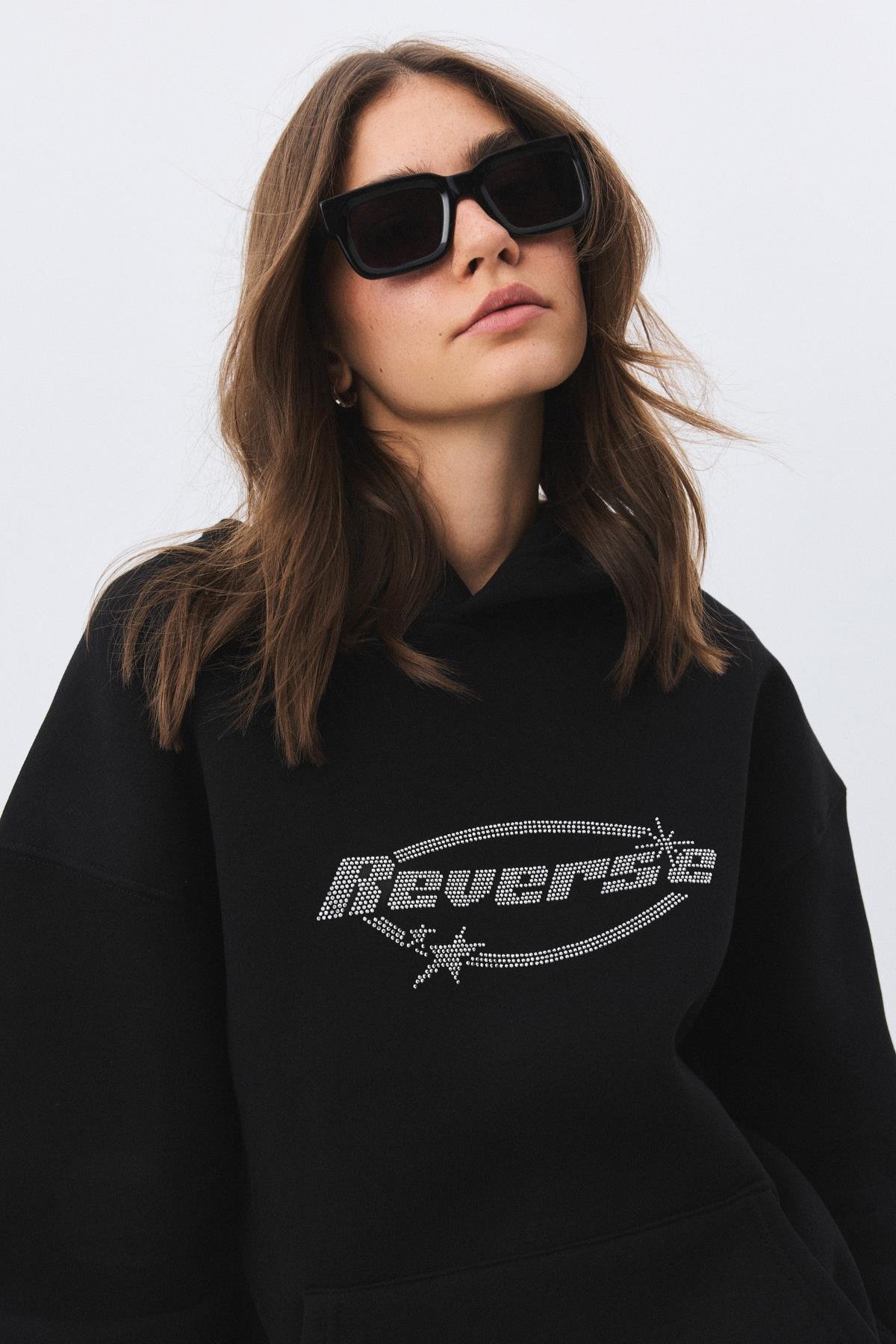 Unisex Reverse Taş Baskılı Sweatshirt Siyah