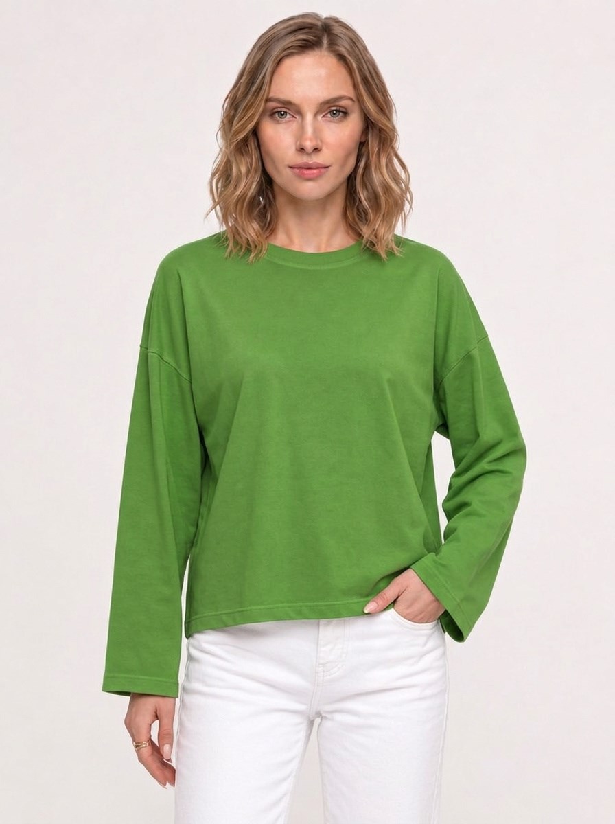 Kadın %100 Pamuk Bisiklet Yaka Uzun Kollu T-shirt Yeşil