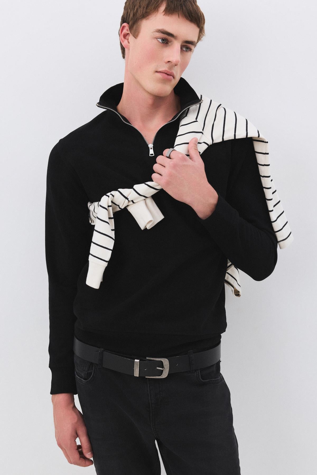 Erkek Standart Fit Pamuklu Selanik Kumaş Yarım Fermuarlı Dik Yaka Sweatshirt Siyah
