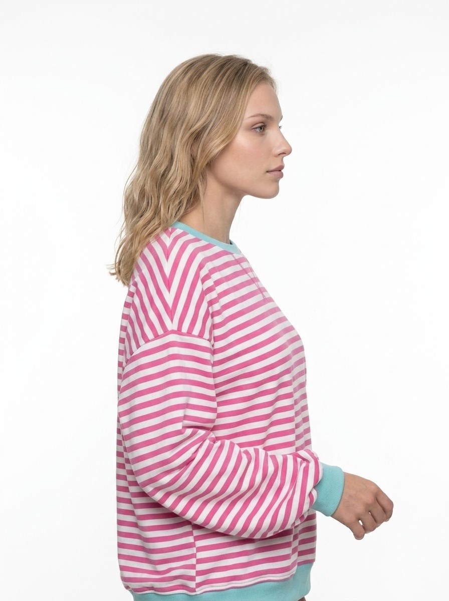 Kadın Çizgili Ribanalı Oversize Sweatshirt Pembe Beyaz