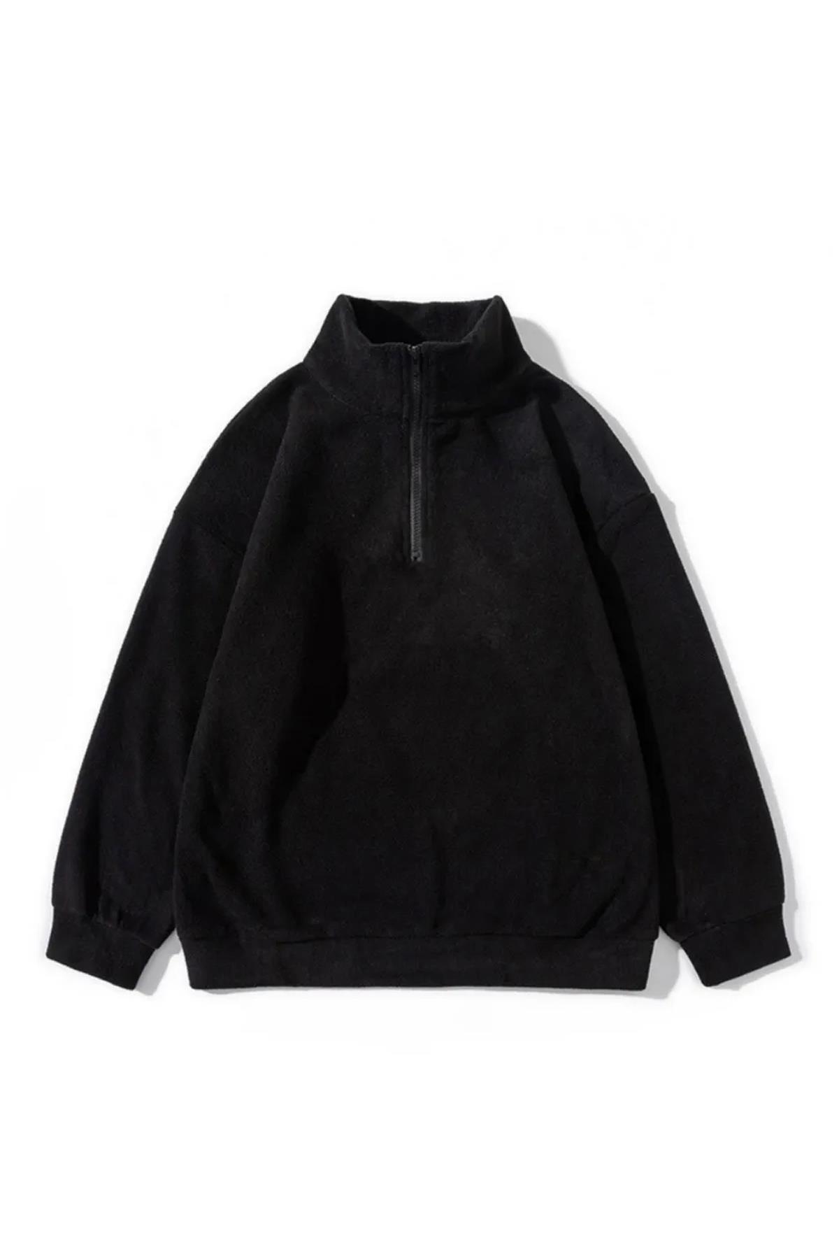 Unisex Polar Dik Yaka Sweatshirt Siyah 2051