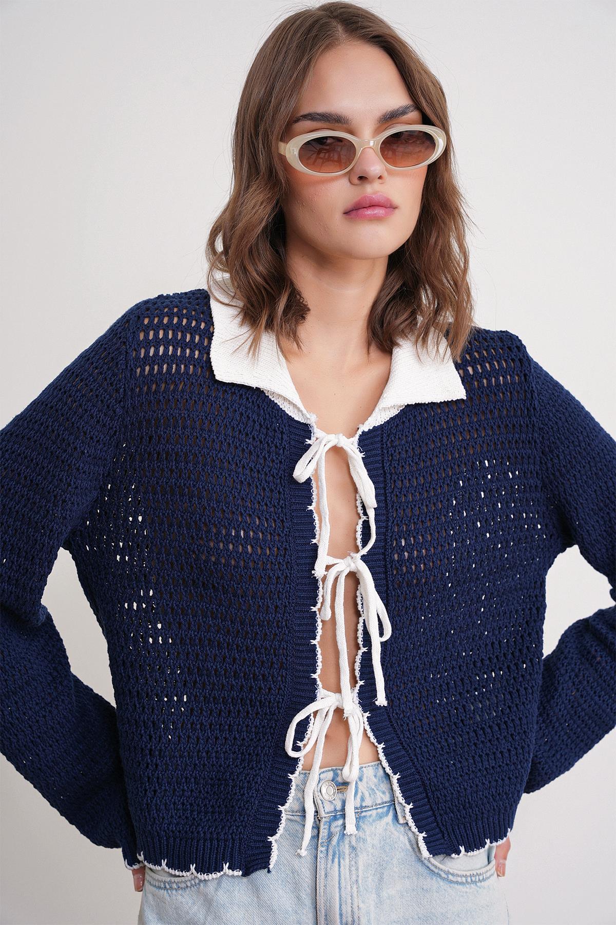 Kadın Ajurlu Bağlamalı Triko Hırka Lacivert 6945