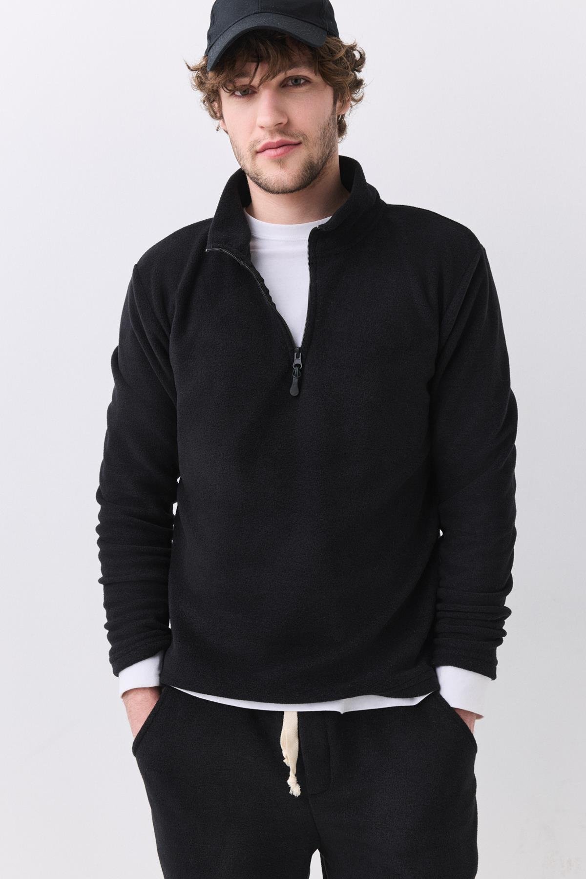 Erkek Polar Dik Yaka Sweatshirt Siyah 2051