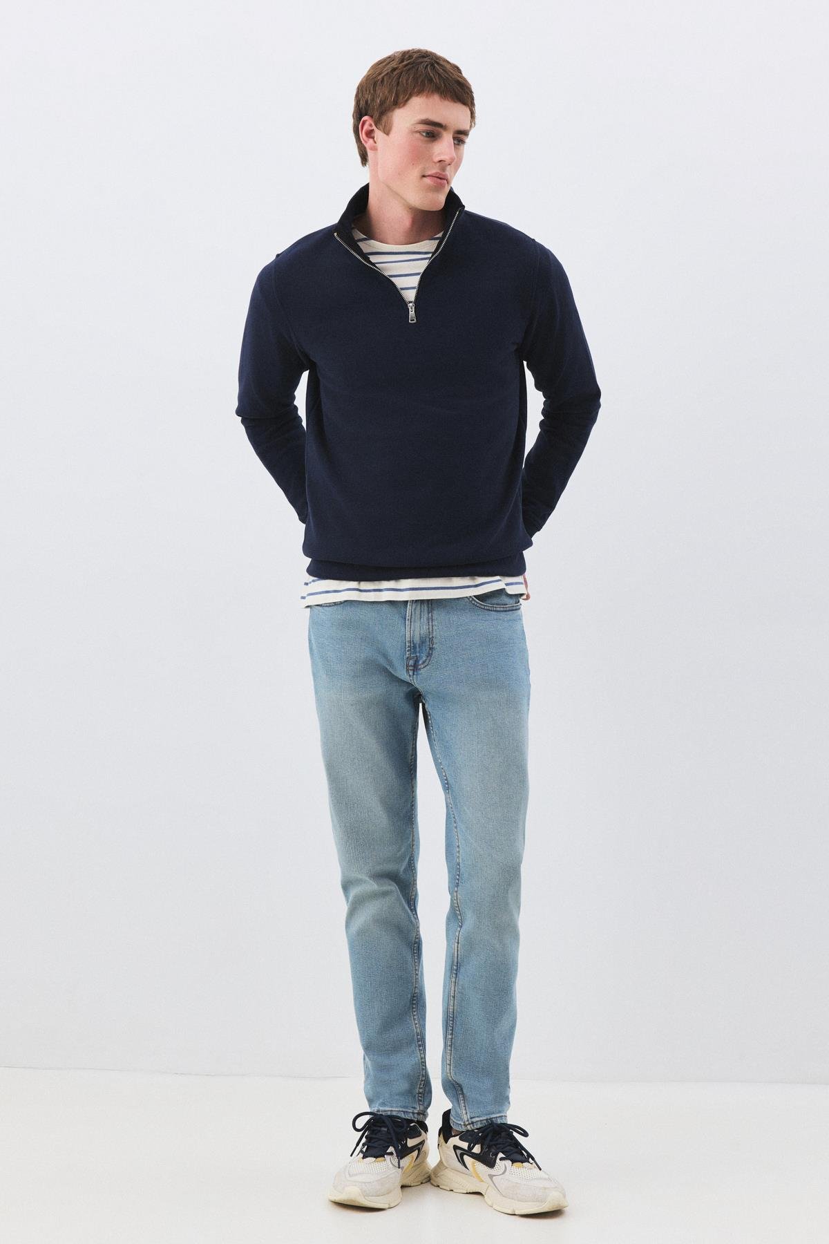 Erkek Standart Fit Pamuklu Selanik Kumaş Yarım Fermuarlı Dik Yaka Sweatshirt Lacivert