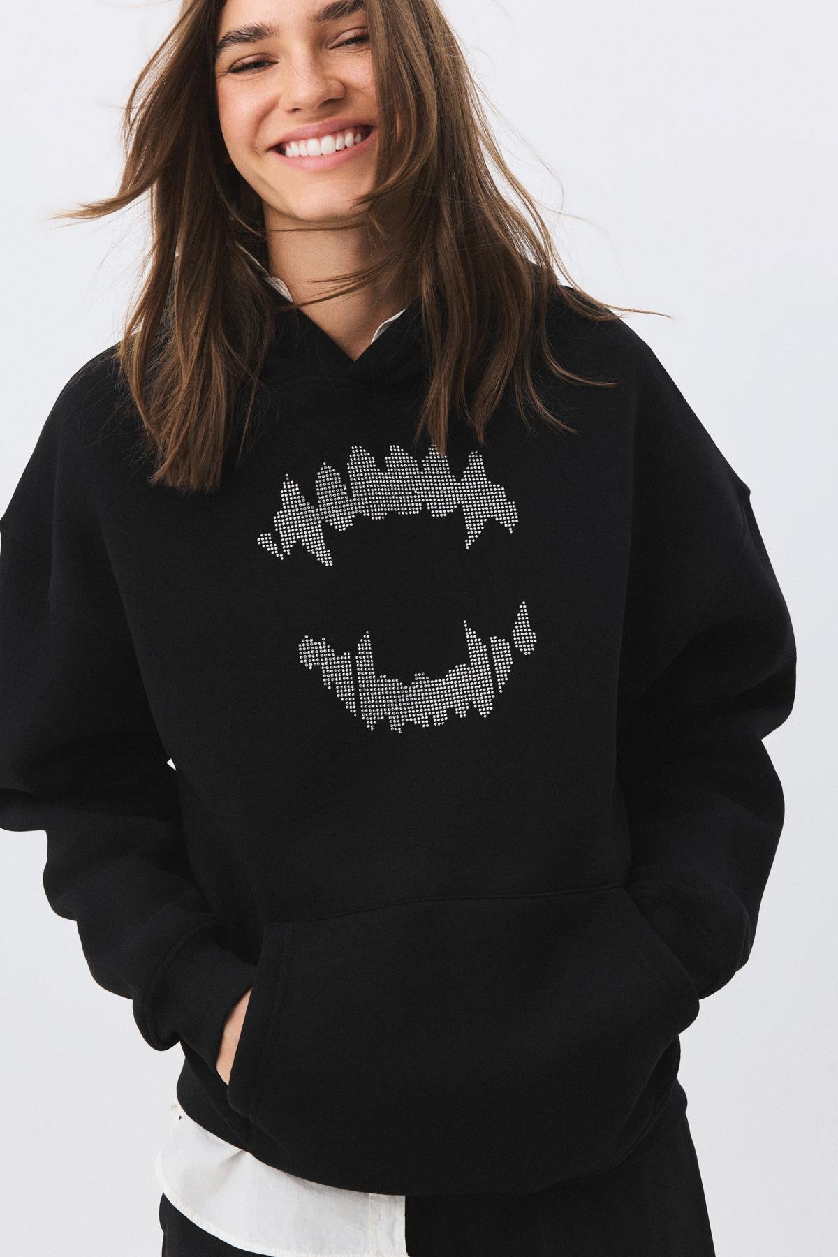 Unisex Teeth Taş Baskılı Sweatshirt Siyah