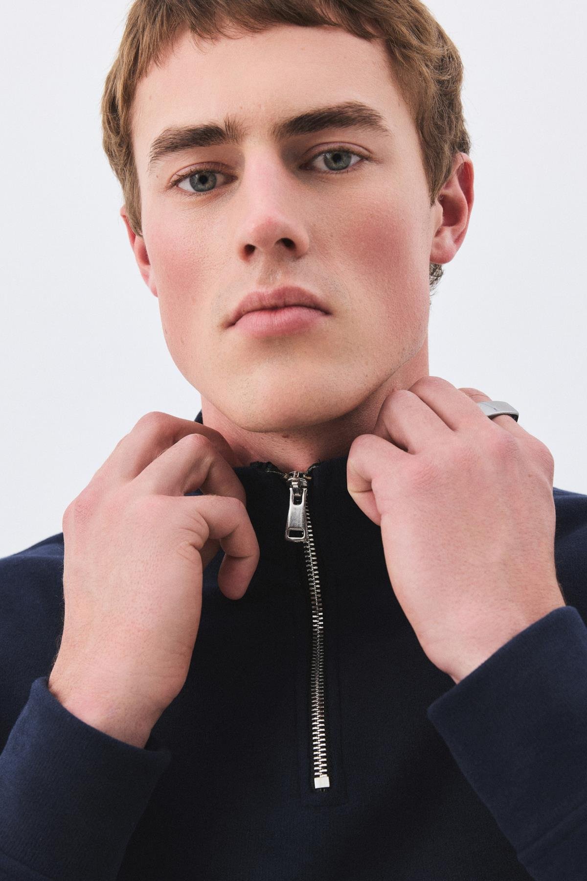 Erkek Standart Fit Pamuklu Selanik Kumaş Yarım Fermuarlı Dik Yaka Sweatshirt Lacivert