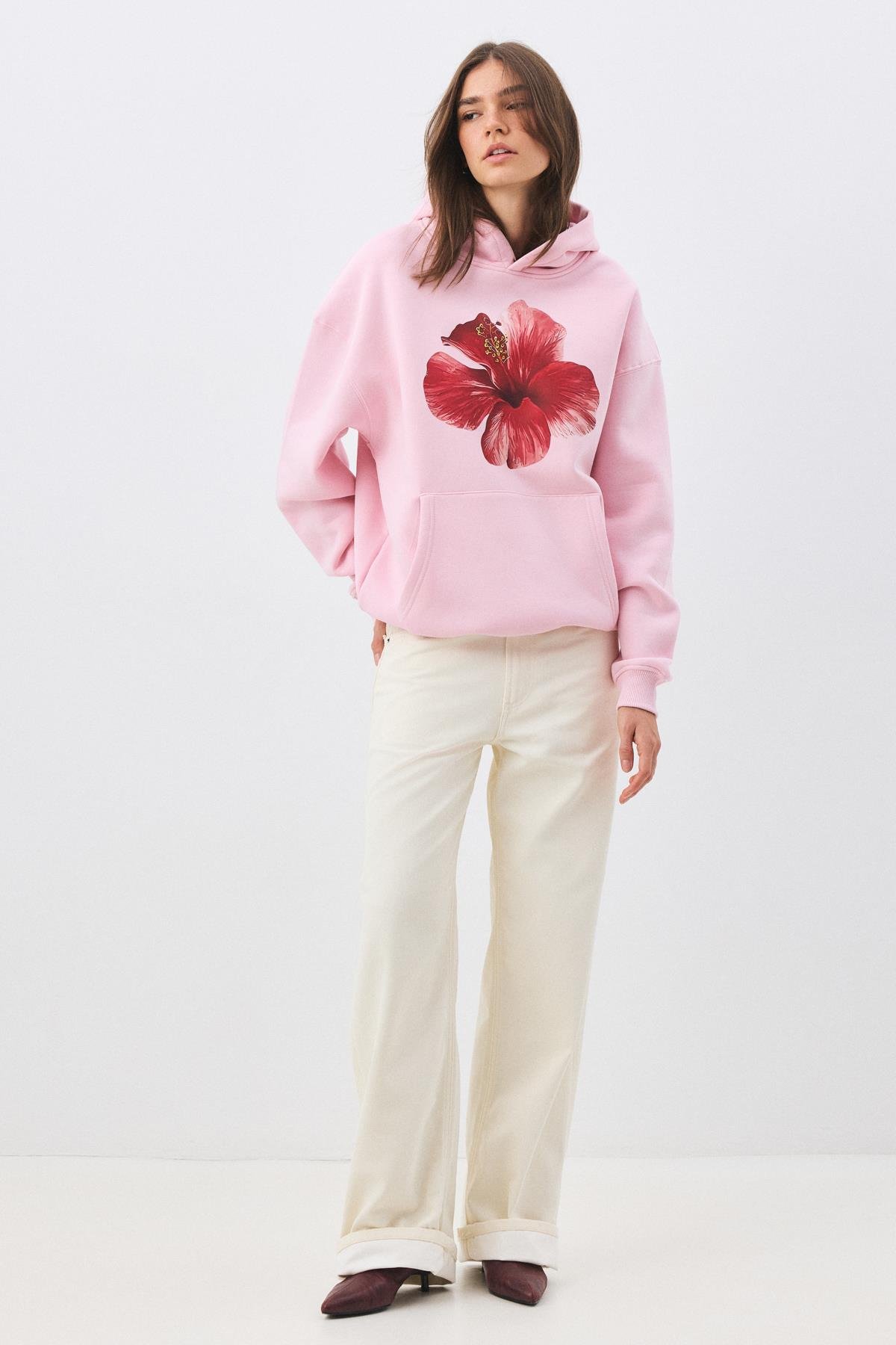 Kadın Red Hibiscus Sweatshirt Pembe