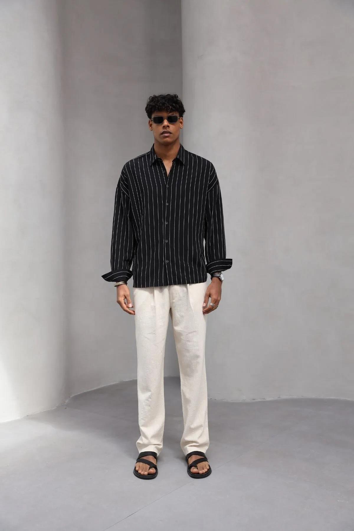 Erkek Premium Yumuşak Dokulu Çizgili Gömlek Siyah