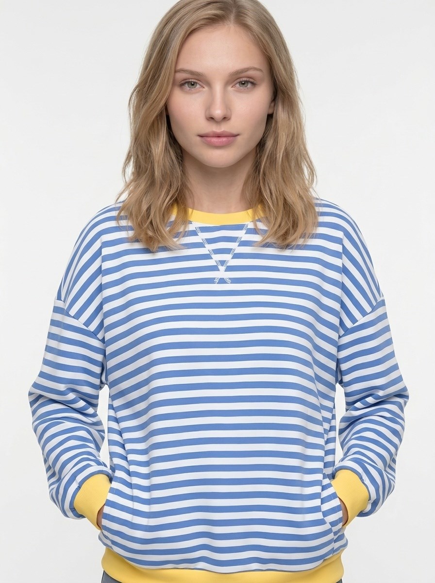 Kadın Çizgili Ribanalı Oversize Sweatshirt Mavi Beyaz