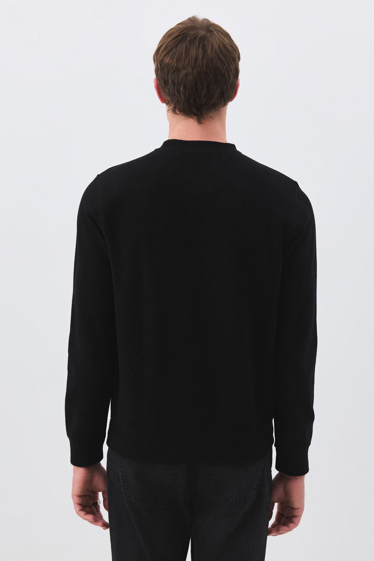 Erkek Slim Fit Pamuklu Selanik Kumaş Bisiklet Yaka Sweatshirt Siyah