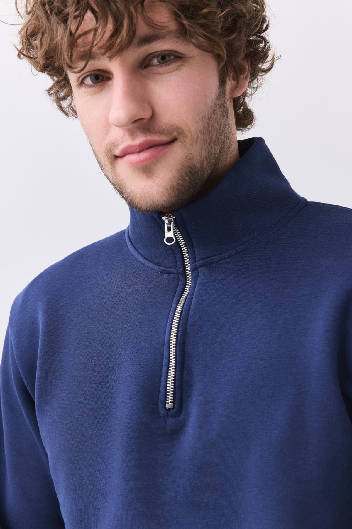 Erkek Relaxed Fit Yarım Fermuarlı Dik Yaka Sweatshirt İndigo 2052