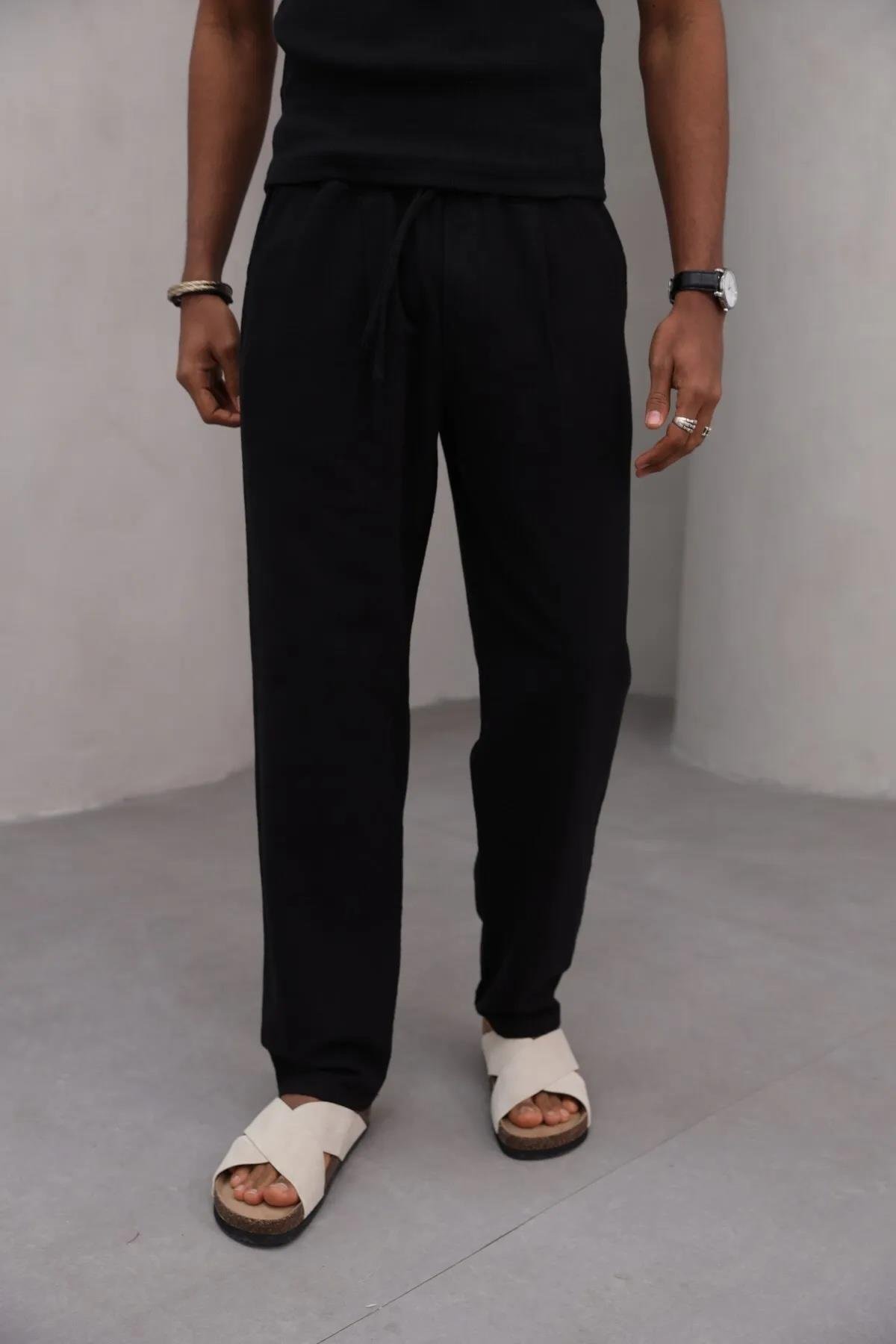 Erkek Premium Rahat Kesim %100 Cotton Bağcıklı Erkek Pantolon Siyah