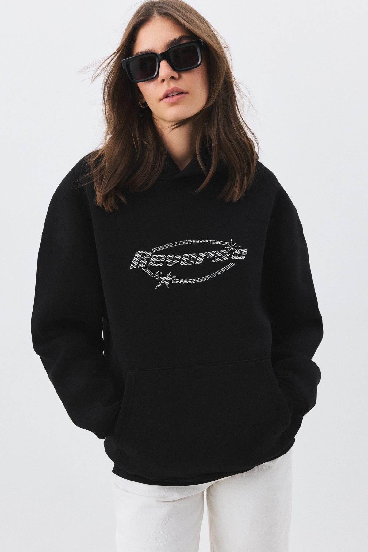 Unisex Reverse Taş Baskılı Sweatshirt Siyah