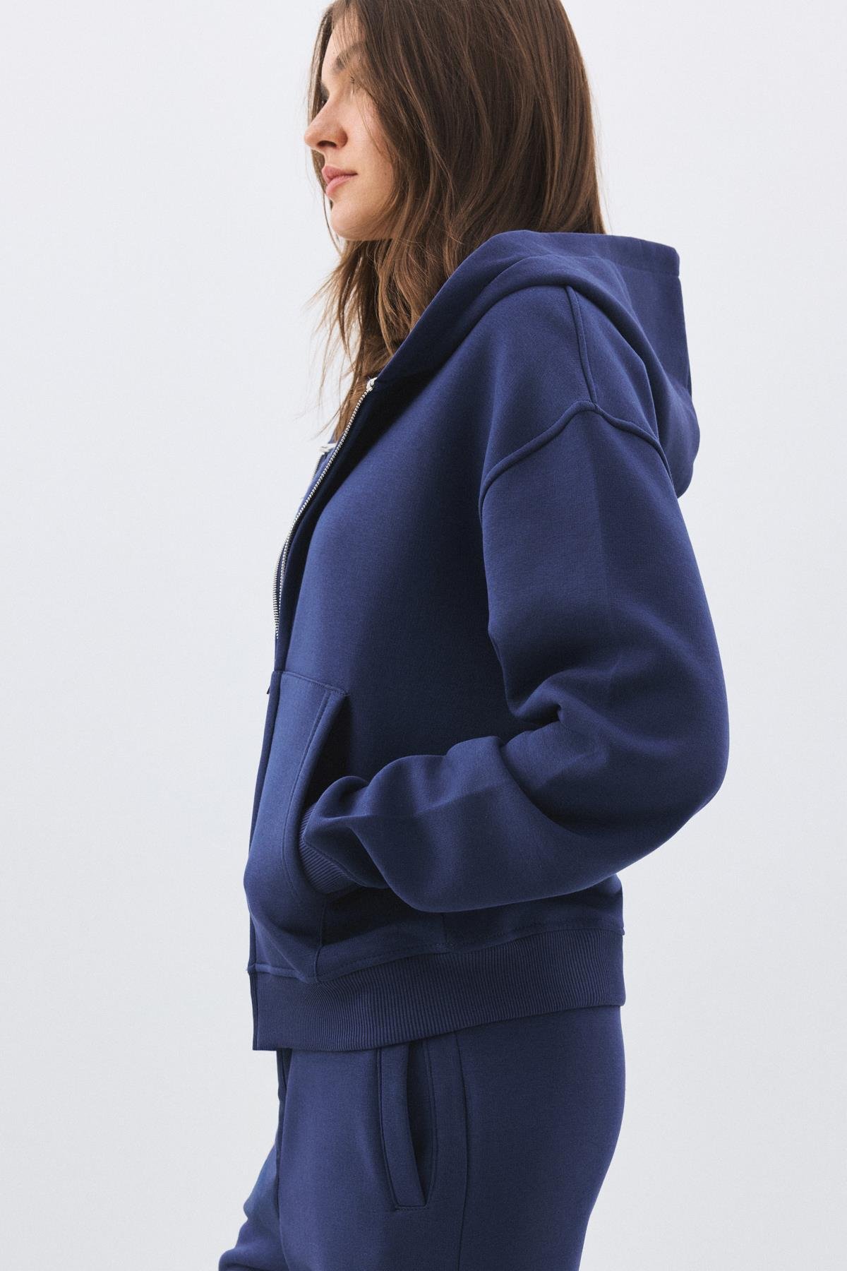 Kadın Premium Fermuarlı Kapşonlu Sweatshirt İndigo 2032