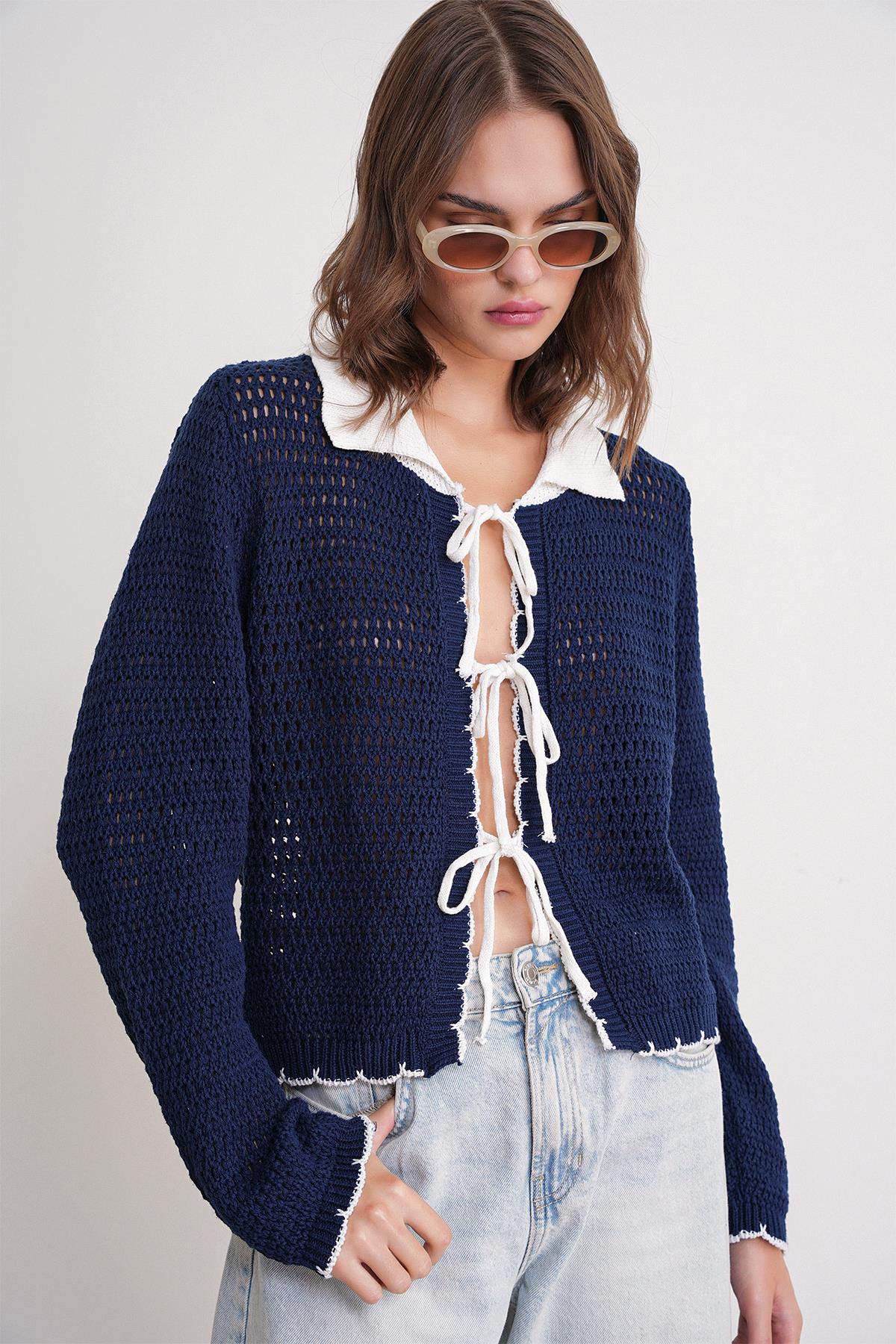 Kadın Ajurlu Bağlamalı Triko Hırka Lacivert 6945