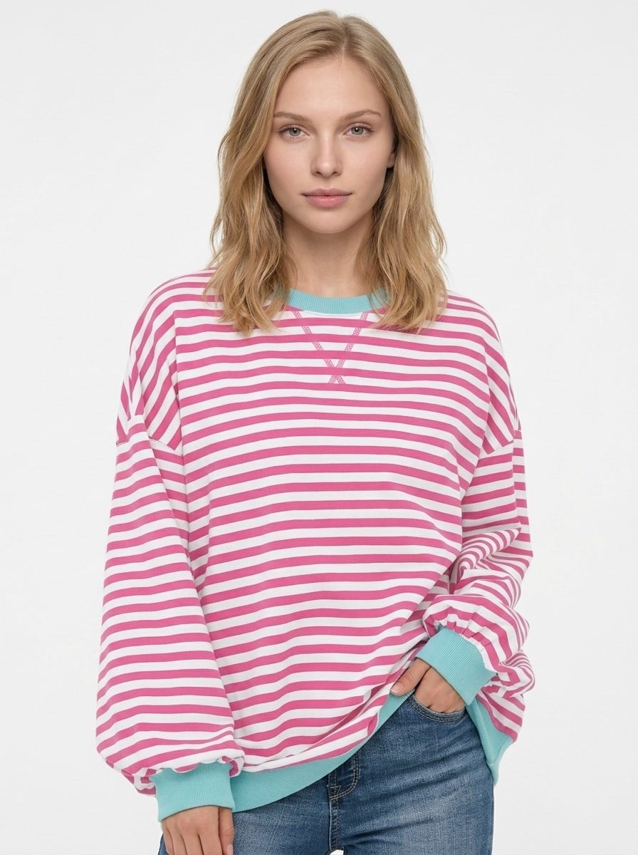 Kadın Çizgili Ribanalı Oversize Sweatshirt Pembe Beyaz