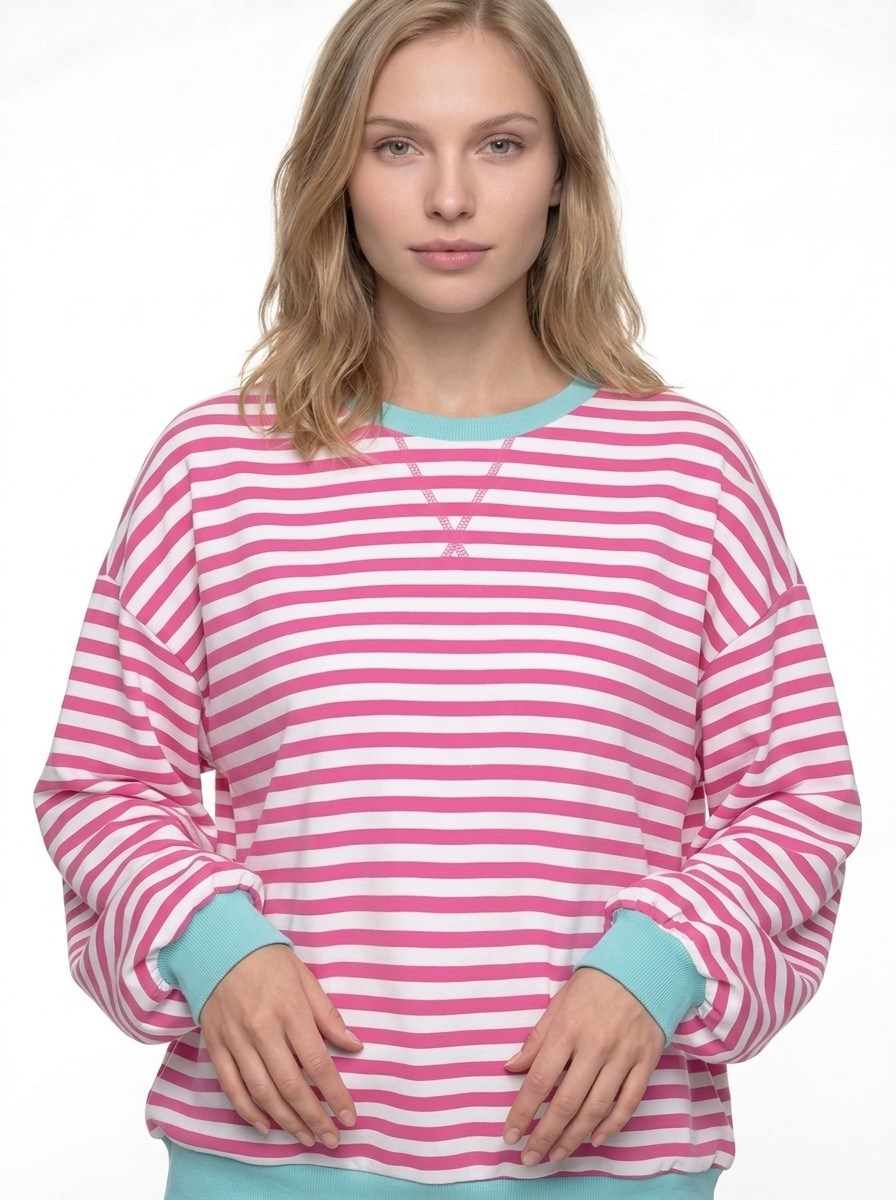 Kadın Çizgili Ribanalı Oversize Sweatshirt Pembe Beyaz
