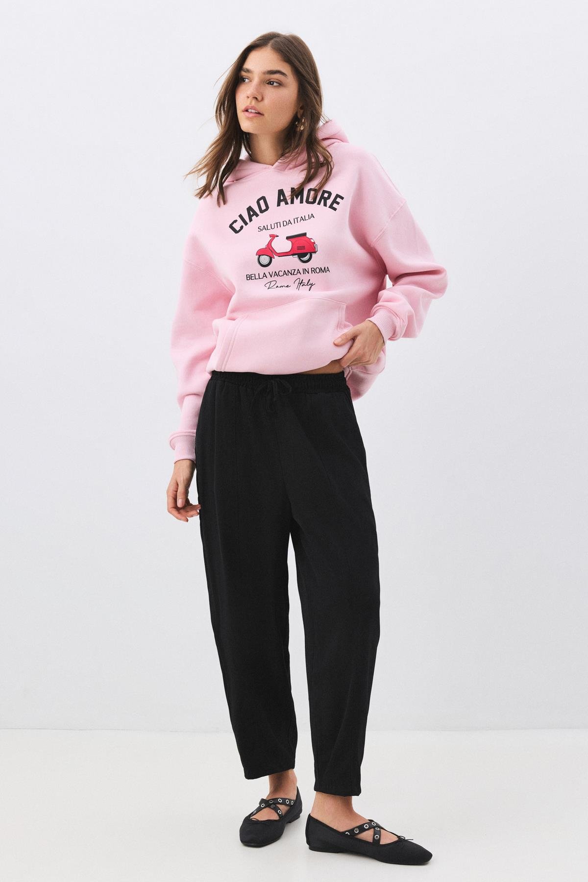 Kadın Beli Lastikli Parçalı Şalvar Pantolon Siyah 4307