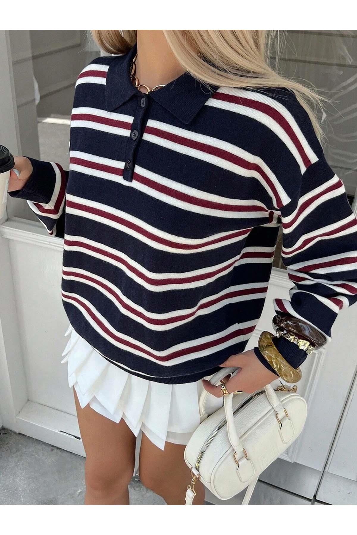 Kadın Çizgili Düğmeli Polo Yaka Triko Kazak Lacivert