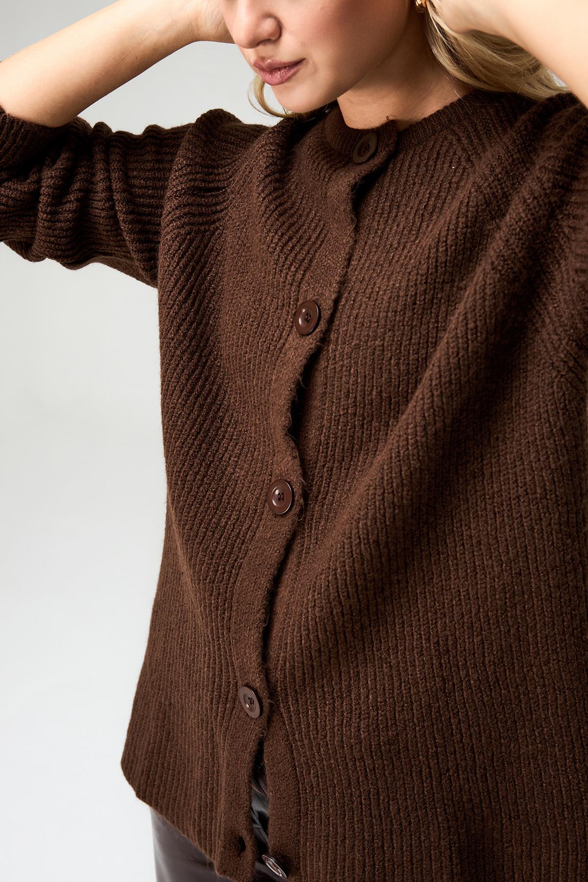 Kadın Yün Karışımlı Düğmeli Triko Hırka Kahverengi
