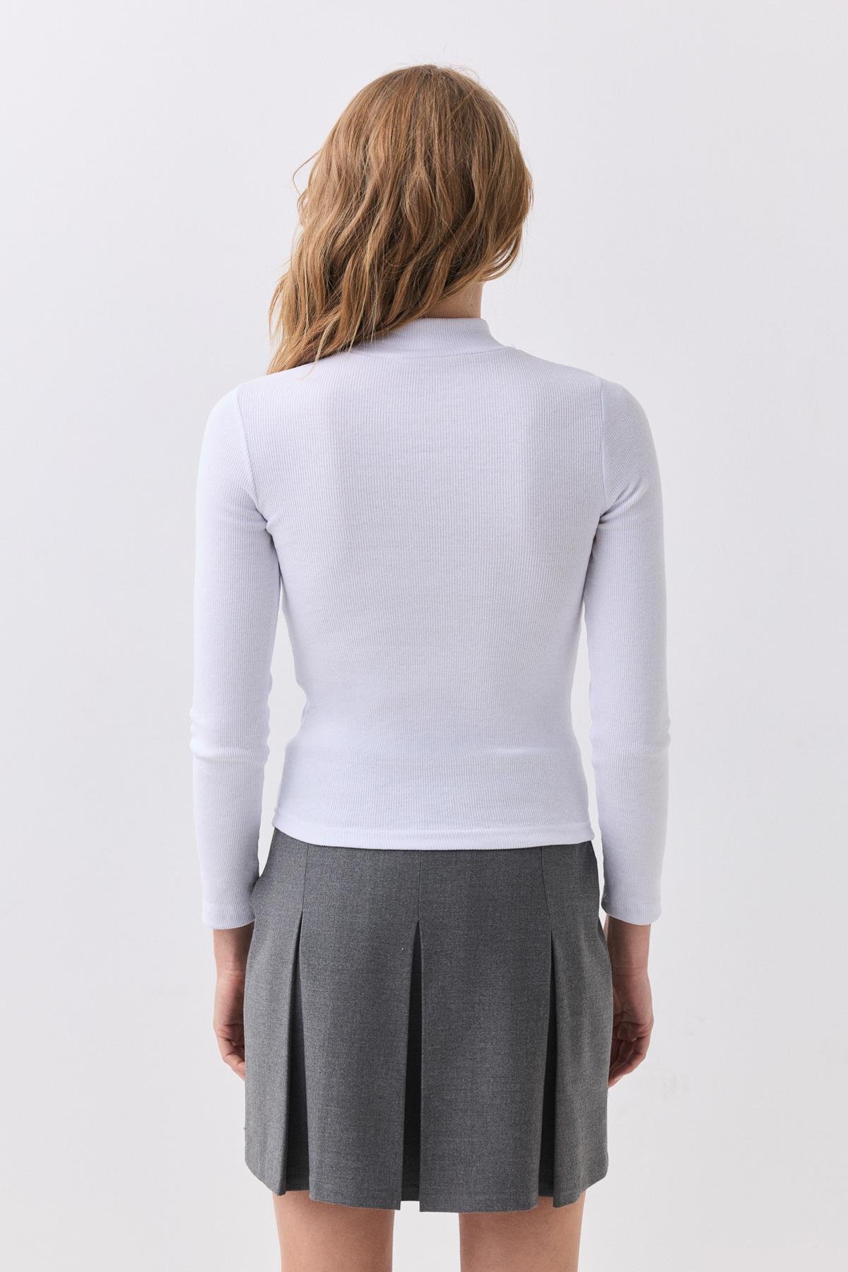 Kadın Balıkçı Yaka Uzun Kollu Bluz Beyaz 9021