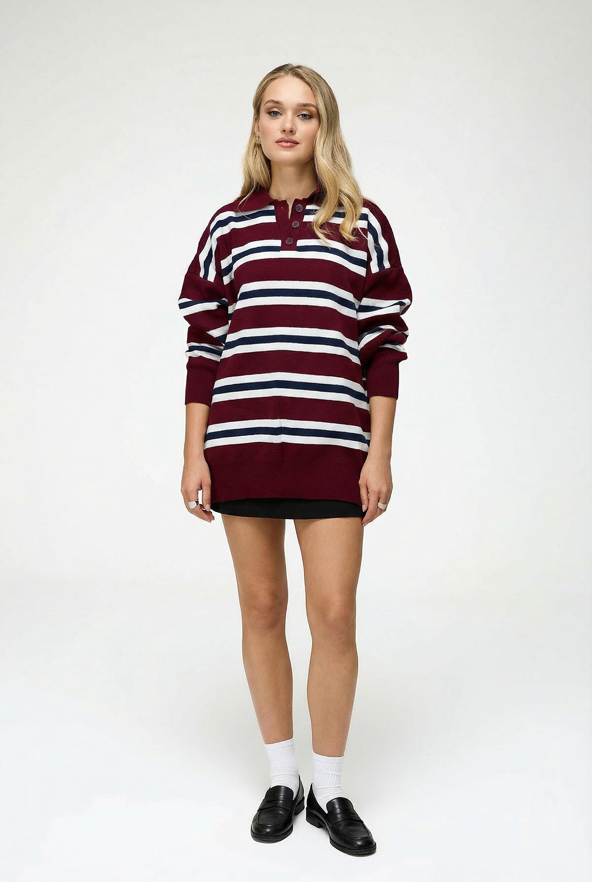 Kadın Çizgili Düğmeli Polo Yaka Triko Kazak Bordo