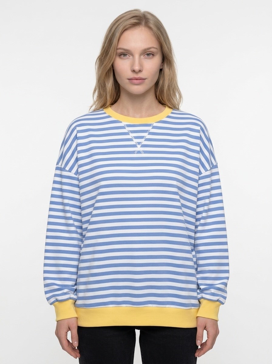 Kadın Çizgili Ribanalı Oversize Sweatshirt Mavi Beyaz