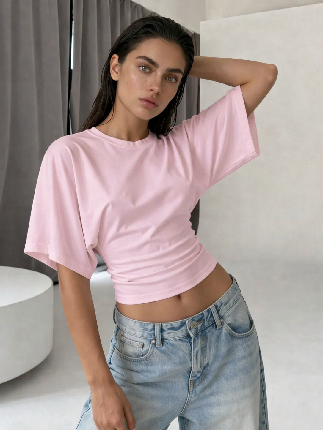 Kadın Bele Oturan Geniş Kollu Premium Bluz Pembe 