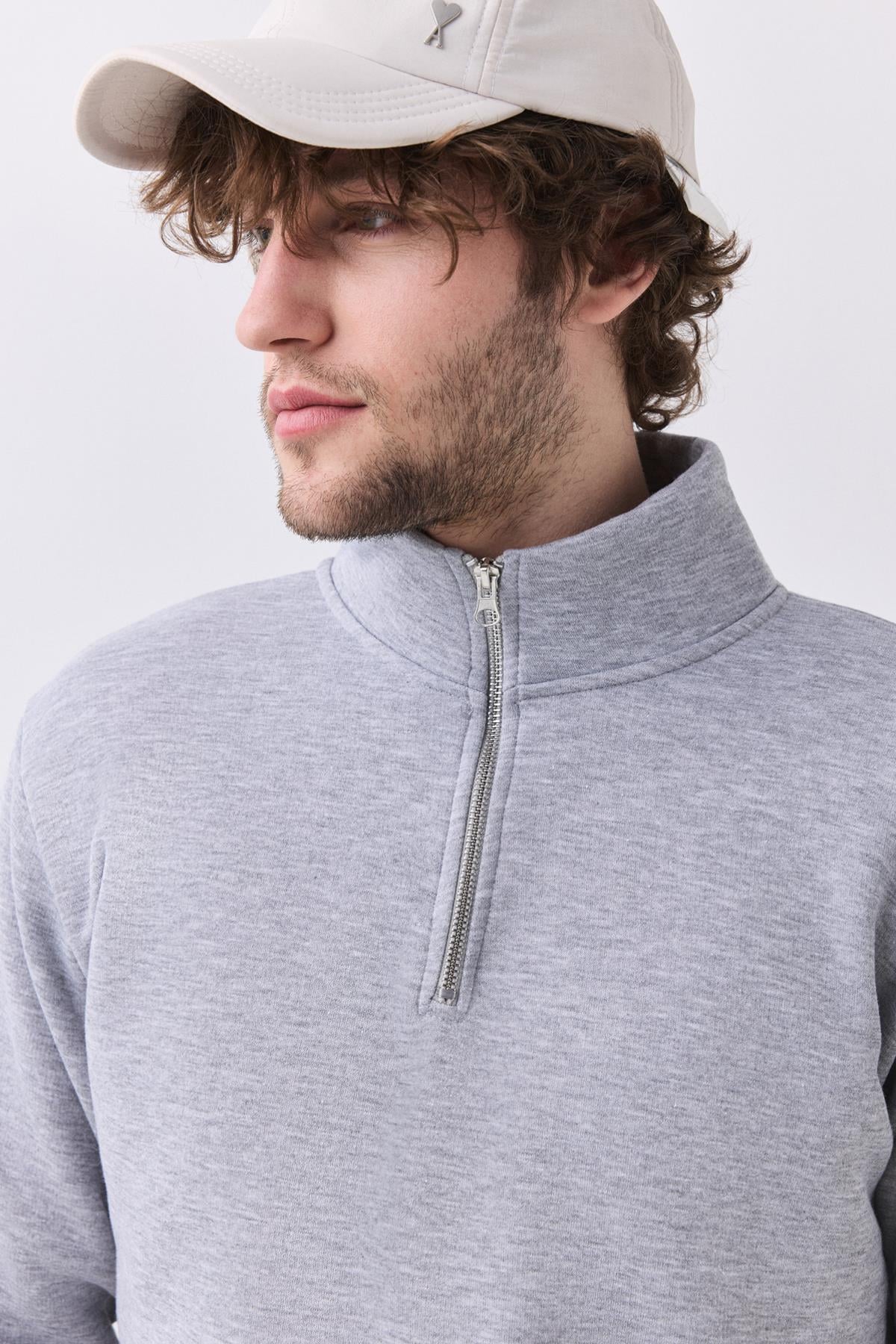 Erkek Relaxed Fit Yarım Fermuarlı Dik Yaka Sweatshirt Grimelanj 2052