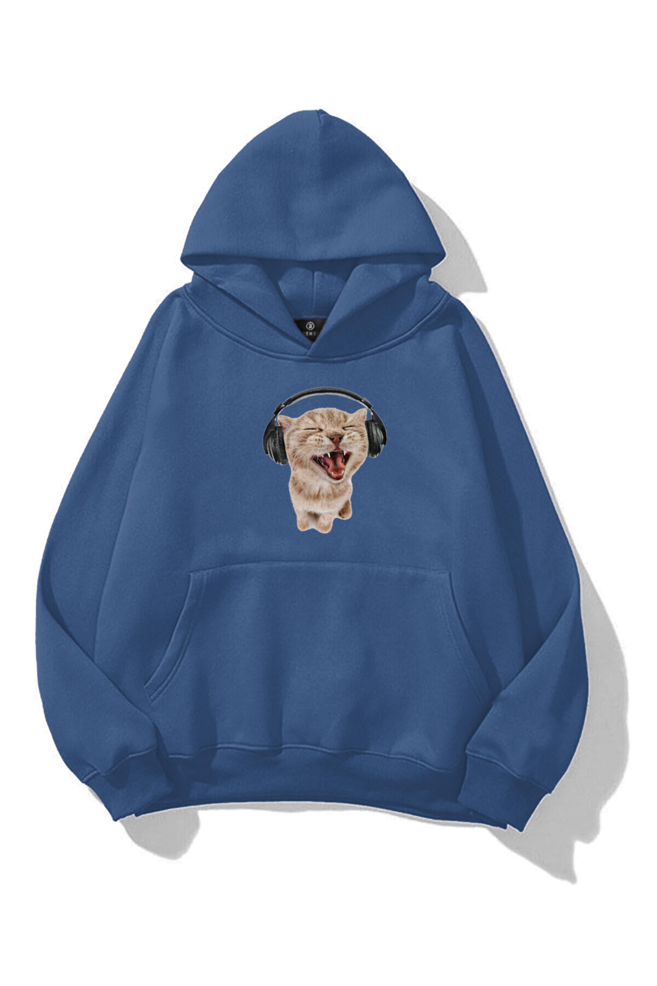 Unisex Kulaklıklı Kedi Sweatshirt İndigo