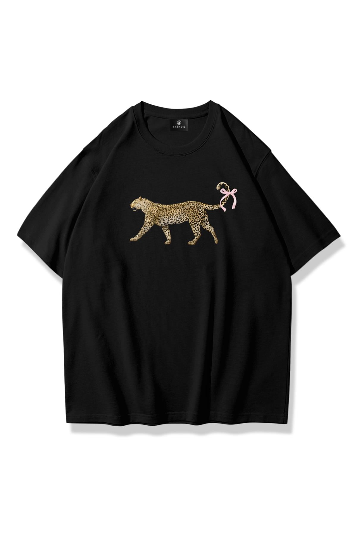 Kadın Leopar Kuyruk Kurdele Tshirt Siyah