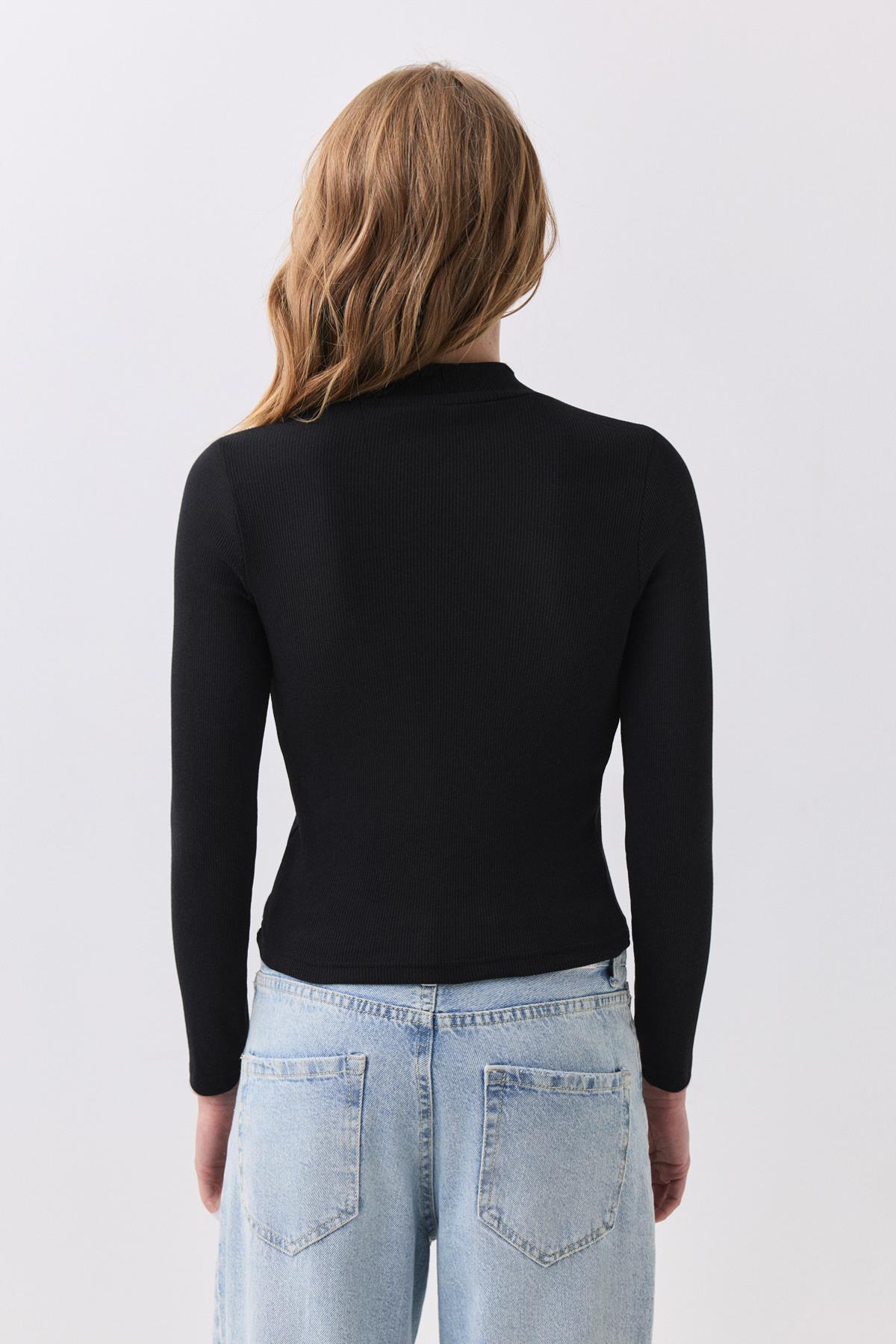 Kadın Balıkçı Yaka Uzun Kollu Bluz Siyah 9021