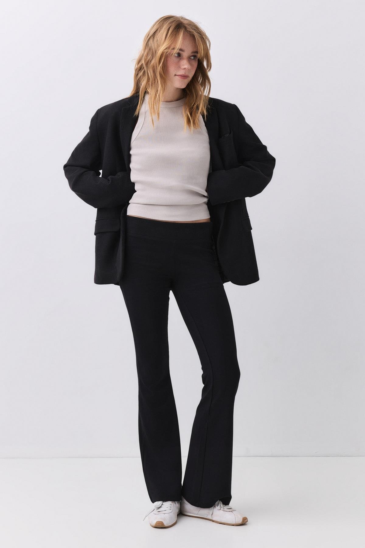 Kadın Bisiklet Yaka Örme Atlet Bej 9016