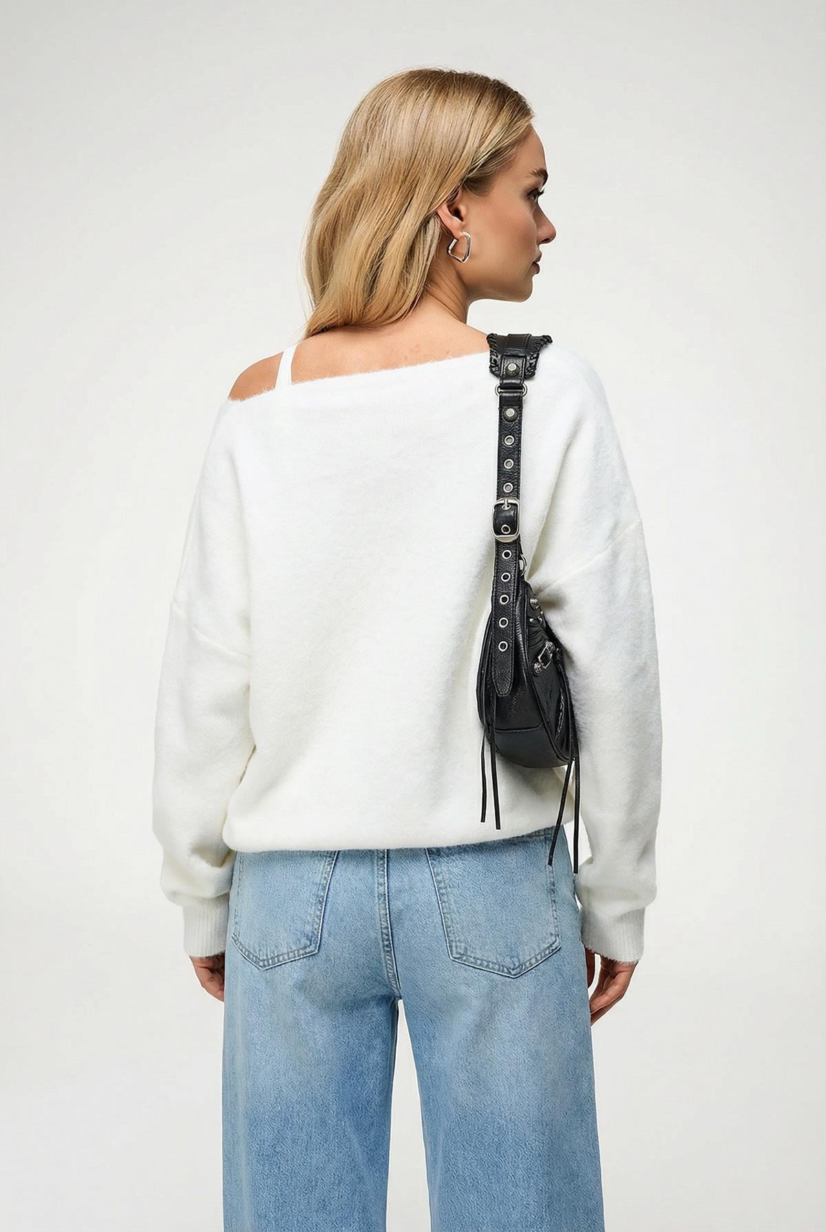 Kadın Oversize Yün Karışımlı Premium Kalp Nakışlı Hırka Kemik 6953