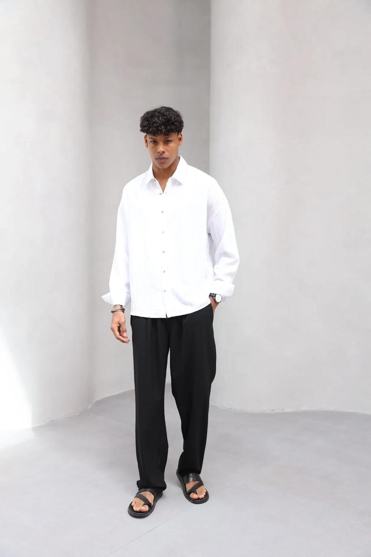 Erkek Premium Yumuşak Dokulu Çizgili Gömlek Beyaz