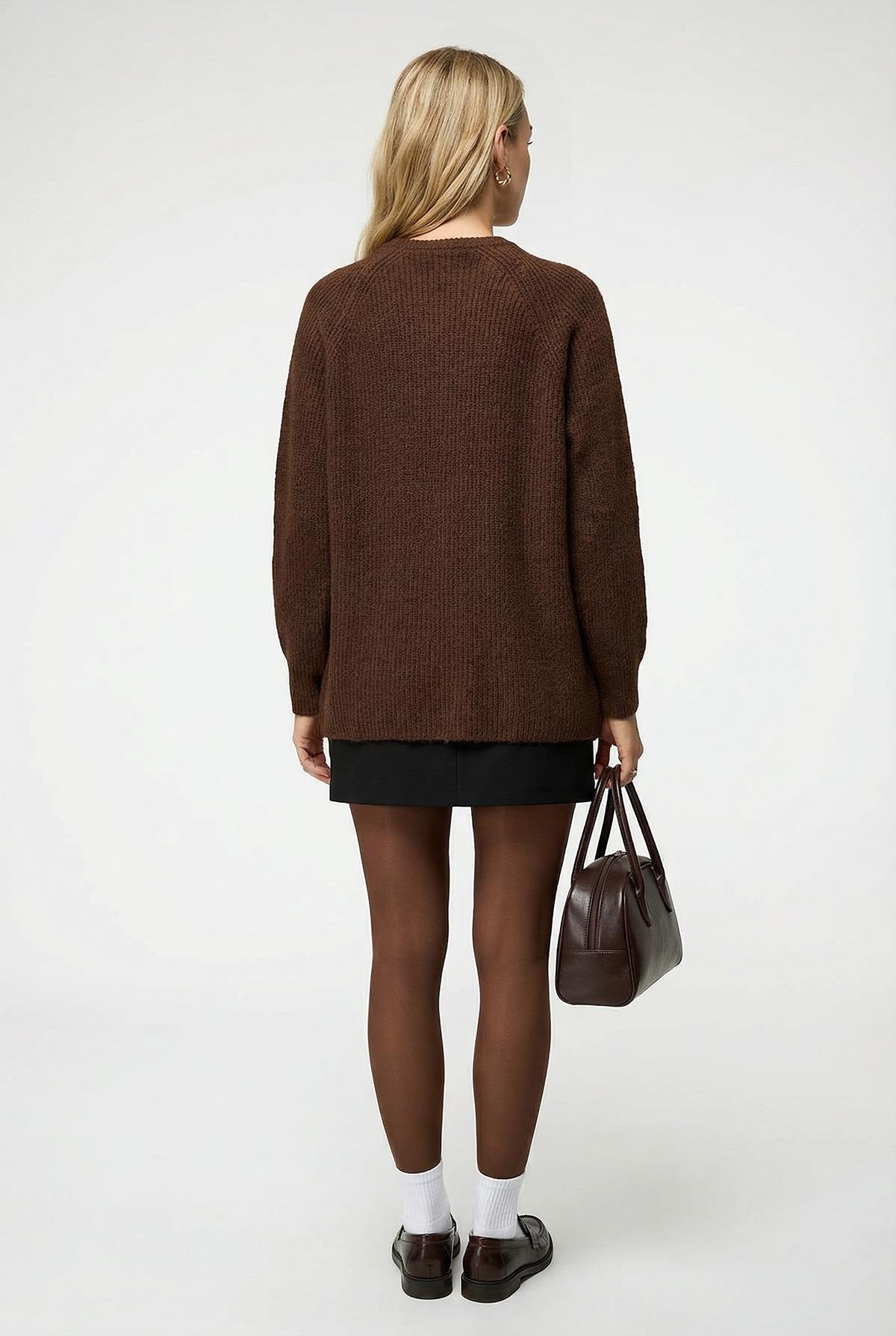 Kadın Yün Karışımlı Düğmeli Triko Hırka Kahverengi