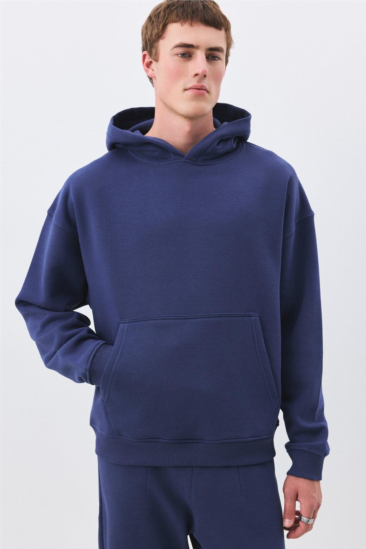 Erkek Premium Kapşonlu Cep Detaylı Eşofman Takımı İndigo 2033