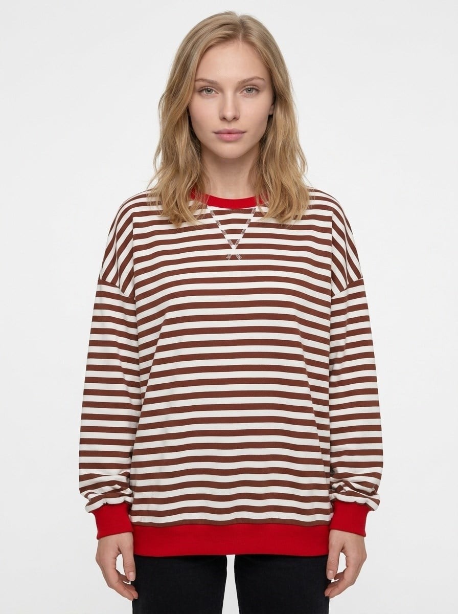Kadın Çizgili Ribanalı Oversize Sweatshirt Kahverengi Beyaz