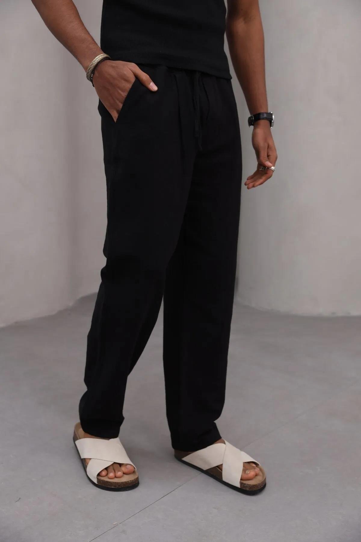 Erkek Premium Rahat Kesim %100 Cotton Bağcıklı Erkek Pantolon Siyah