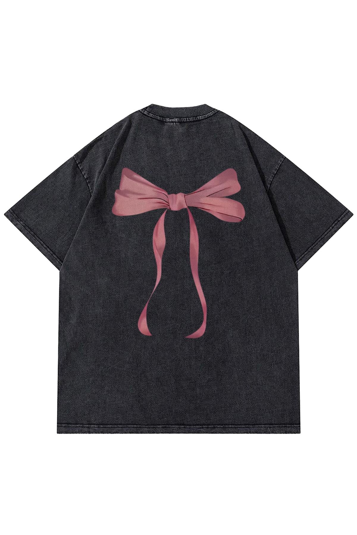 Unisex Fiyonk Kurdele Yıkamalı Tshirt Antrasit