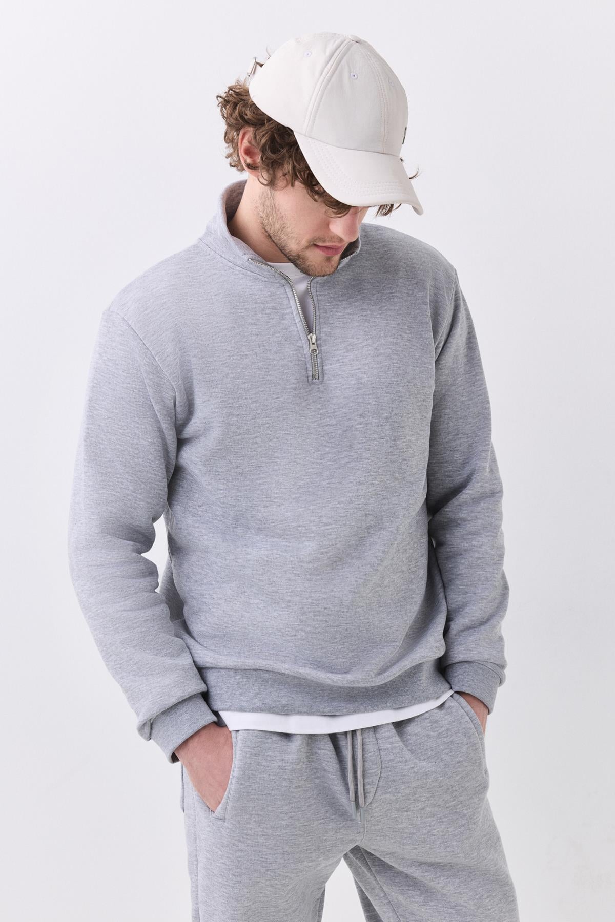 Erkek Relaxed Fit Yarım Fermuarlı Dik Yaka Sweatshirt Grimelanj 2052